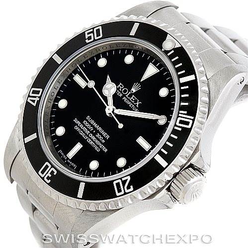 The image shows a close-up, angled view of the Rolex Submariner 14060 Men
s Stainless Steel Black Dial 14060 Men
s Stainless Steel Black Dial watch, highlighting the bezel, dial, crown, and part of the bracelet.