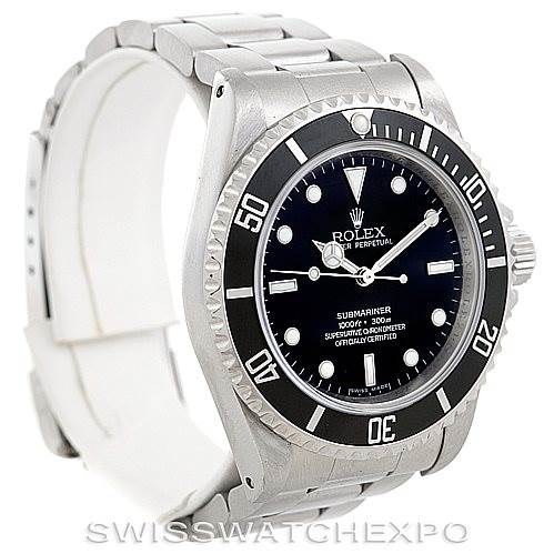 This image shows a Rolex Submariner 14060 Men
s Stainless Steel Black Dial 14060 Men
s Stainless Steel Black Dial watch from a three-quarter front angle, highlighting the dial, bezel, and part of the bracelet.