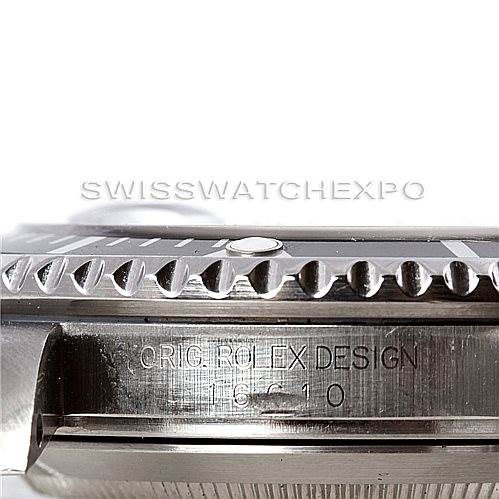 This image showcases a close-up, side angle of a Rolex Submariner 16610 Men
s Stainless Steel Black Dial 16610 Men
s Stainless Steel Black Dial watch, highlighting the bezel, case, and engraved model details.