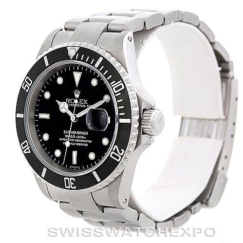 The image shows a side angle of a Rolex Submariner 16610 Men
s Stainless Steel Black Dial 16610 Men
s Stainless Steel Black Dial watch, highlighting the dial, bezel, crown, and metal bracelet.