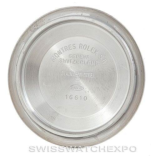 The image shows the interior of the case back of a Rolex Submariner 16610 Men
s Stainless Steel Black Dial 16610 Men
s Stainless Steel Black Dial watch, displaying the model number "16610" and manufacturing details.