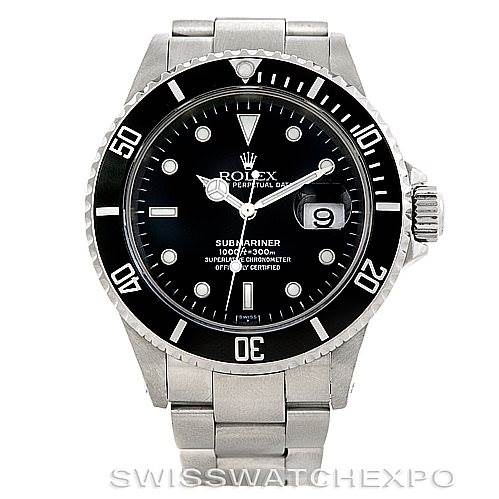 The image shows a frontal view of a Rolex Submariner 16610 Men
s Stainless Steel Black Dial 16610 Men
s Stainless Steel Black Dial watch featuring its dial, bezel, crown, and bracelet.