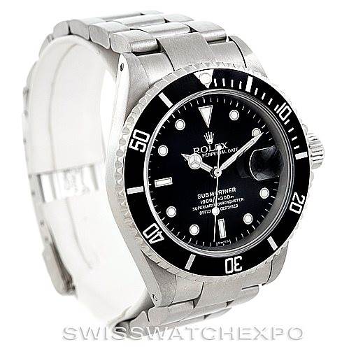 The image shows a Rolex Submariner 16610 Men
s Stainless Steel Black Dial 16610 Men
s Stainless Steel Black Dial watch from a front-left angle, highlighting the bezel, dial, crown, and bracelet.