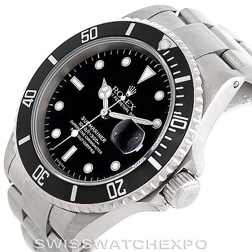 The image shows a Rolex Submariner 16610 Men
s Stainless Steel Black Dial 16610 Men
s Stainless Steel Black Dial watch from an angled top-down view, highlighting the bezel, dial, and part of the bracelet.