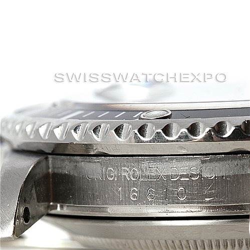 This image shows a close-up side angle of the Rolex Submariner 16610 Men
s Stainless Steel Black Dial 16610 Men
s Stainless Steel Black Dial, highlighting the bezel, case, and part of the crown.