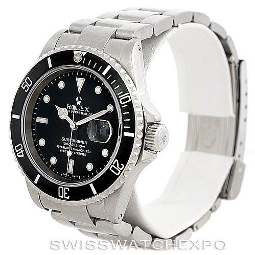 The image shows a side and front angle of the Rolex Submariner 16610 Men
s Stainless Steel Black Dial 16610 Men
s Stainless Steel Black Dial watch, displaying its bezel, dial, and bracelet.