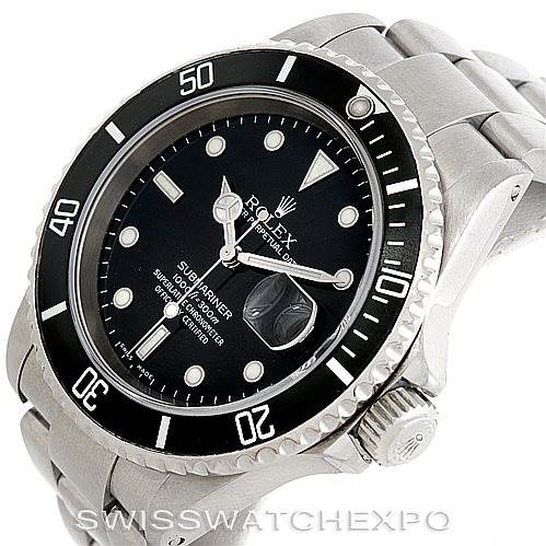 The image shows a Rolex Submariner 16610 Men
s Stainless Steel Black Dial 16610 Men
s Stainless Steel Black Dial watch at an angled view, showcasing the black dial, bezel, crown, and stainless steel bracelet.