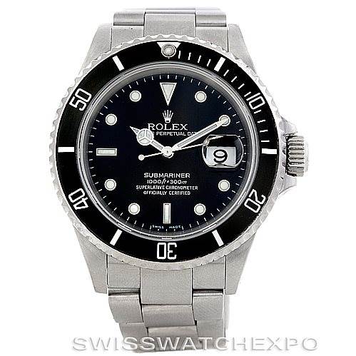 The image shows a front view of a Rolex Submariner 16610 Men
s Stainless Steel Black Dial 16610 Men
s Stainless Steel Black Dial watch, displaying the face, bezel, and bracelet.