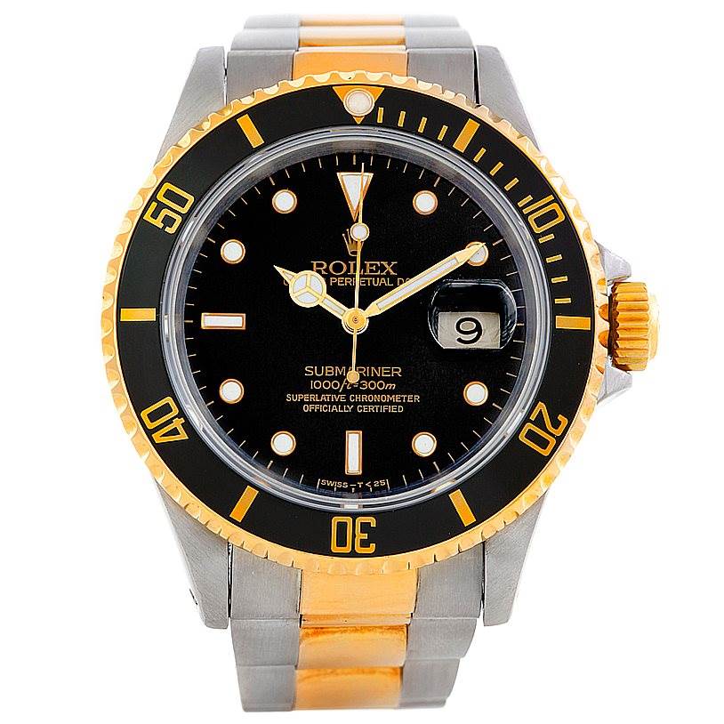 This Rolex Submariner 16613 Men's Steel and Gold (two tone) Black Dial 16613 Men's Steel and Gold (two tone) Black Dial model is shown from a front view, displaying its dial, bezel, and crown.