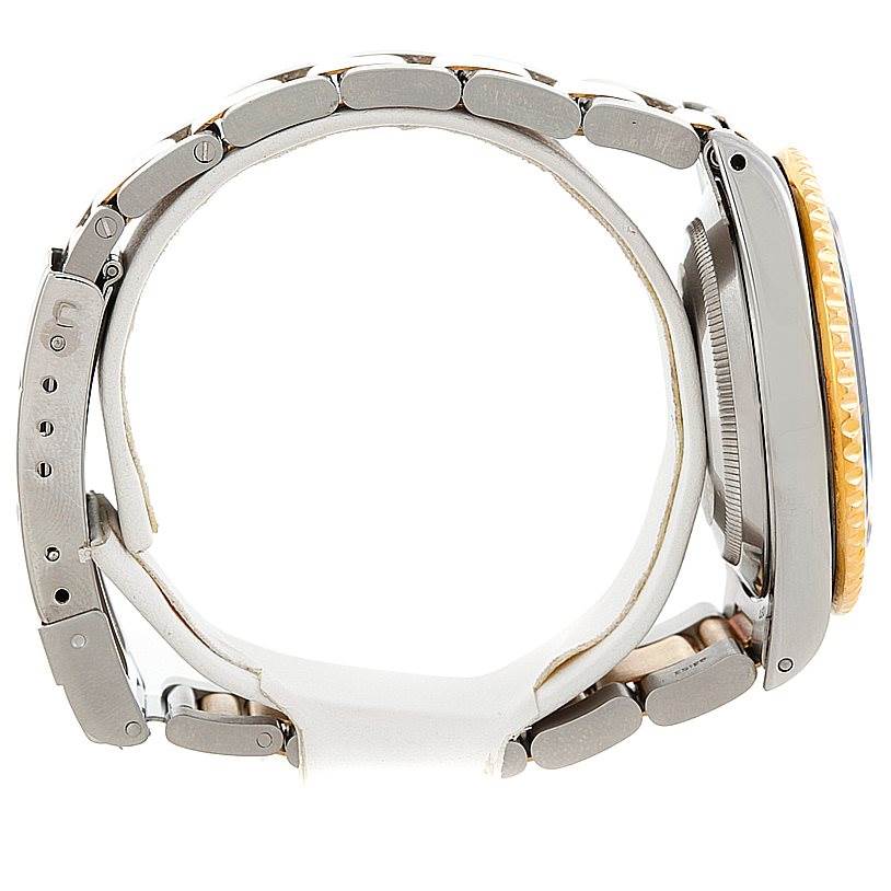 The image shows a Rolex Submariner 16613 Men's Steel and Gold (two tone) Black Dial 16613 Men's Steel and Gold (two tone) Black Dial watch in a side view, highlighting the bracelet, clasp, and profile of the case and bezel.