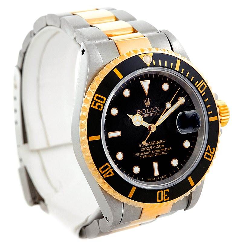 This image shows a Rolex Submariner 16613 Men's Steel and Gold (two tone) Black Dial 16613 Men's Steel and Gold (two tone) Black Dial watch at a three-quarter front angle, highlighting its black dial, bezel, and two-tone bracelet.