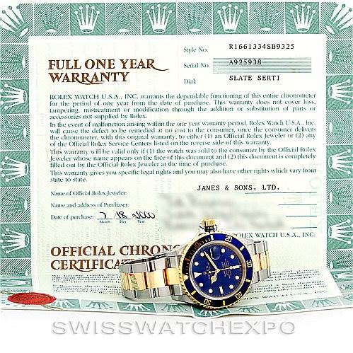 The image shows a Rolex Submariner 16613 Men's Steel and Gold (two tone) Blue Dial 16613 Men's Steel and Gold (two tone) Blue Dial watch alongside its official chronometer certification and warranty documents.