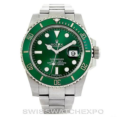 The image shows a front view of a Rolex Submariner 116610LV Men's Stainless Steel Green Dial 116610LV Men's Stainless Steel Green Dial with a green bezel and dial, displaying its bracelet and crown.