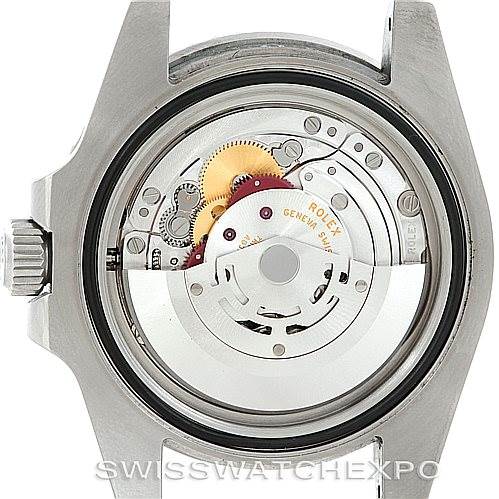 This image shows the back view of the Rolex Submariner 116610LV Men's Stainless Steel Green Dial 116610LV Men's Stainless Steel Green Dial, revealing the inner mechanical movement.