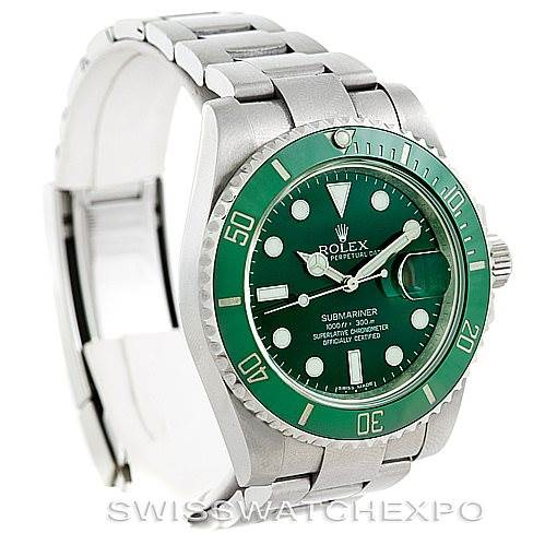 This image shows a Rolex Submariner 116610LV Men's Stainless Steel Green Dial 116610LV Men's Stainless Steel Green Dial watch at a 3/4 angle, highlighting the face, bezel, crown, and part of the bracelet.
