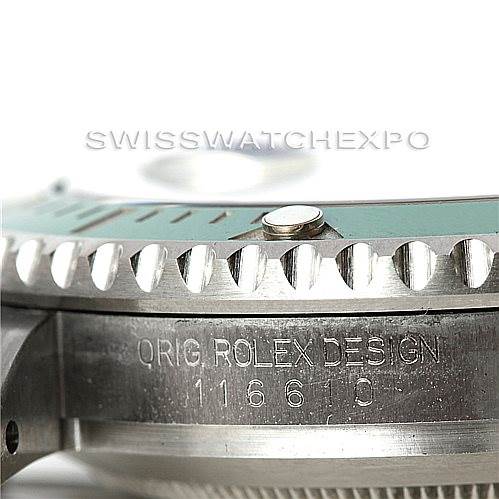The image shows a close-up of the bezel and side, including the case engraving of the Rolex Submariner 116610LV Men's Stainless Steel Green Dial 116610LV Men's Stainless Steel Green Dial model.
