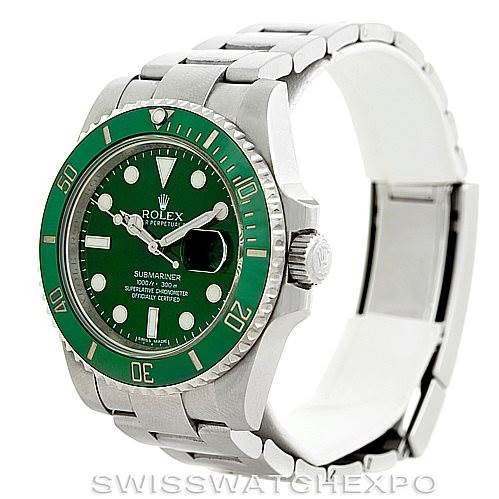 The Rolex Submariner 116610LV Men's Stainless Steel Green Dial 116610LV Men's Stainless Steel Green Dial watch is shown at an angled side view, highlighting its dial, bezel, crown, and bracelet.