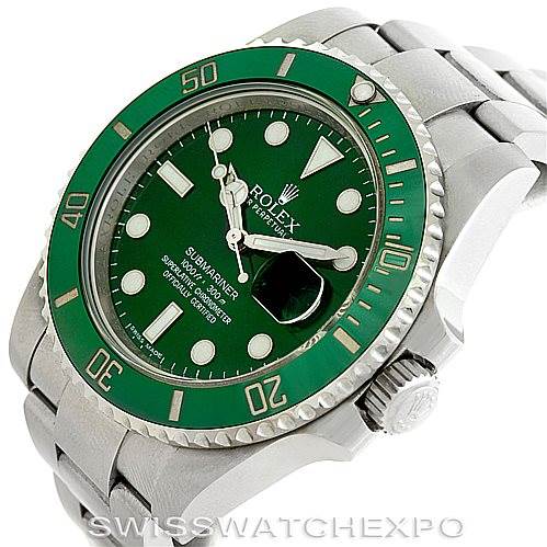 This image shows a Rolex Submariner 116610LV Men's Stainless Steel Green Dial 116610LV Men's Stainless Steel Green Dial watch at an angle displaying the face, bezel, crown, and a portion of the bracelet.