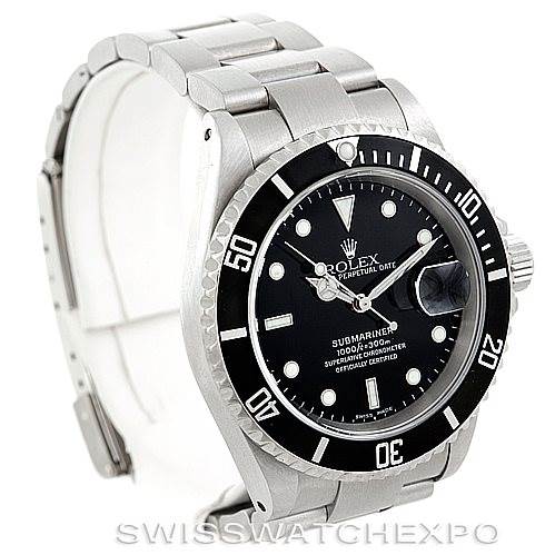 This image shows a front and slight side view of the Rolex Submariner 16610 Men's Stainless Steel Black Dial 16610 Men's Stainless Steel Black Dial watch, highlighting its dial, bezel, and bracelet.