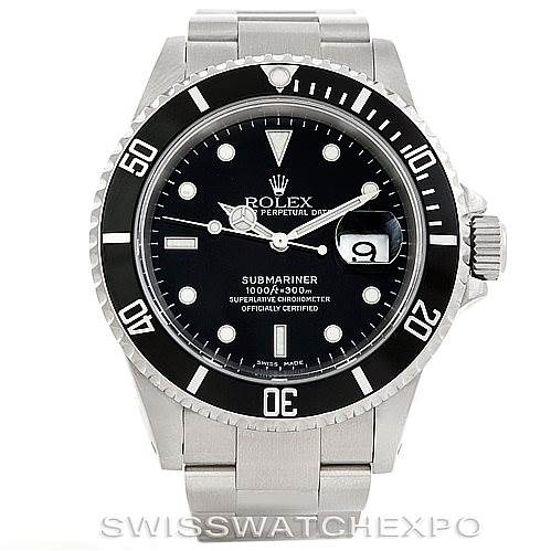 The image shows a front view of Rolex Submariner 16610 Men's Stainless Steel Black Dial 16610 Men's Stainless Steel Black Dial watch, highlighting its black dial, bezel, and stainless steel bracelet.
