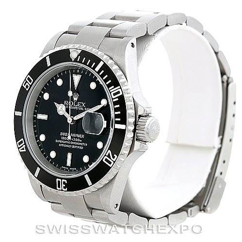 The image shows a side-angle view of the Rolex Submariner 16610 Men's Stainless Steel Black Dial 16610 Men's Stainless Steel Black Dial watch, highlighting its bezel, crown, dial, and bracelet.