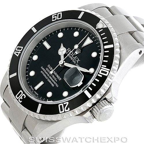 The image shows a Rolex Submariner 16610 Men's Stainless Steel Black Dial 16610 Men's Stainless Steel Black Dial watch at a slight angle, displaying its black dial, bezel, case, and part of the bracelet.
