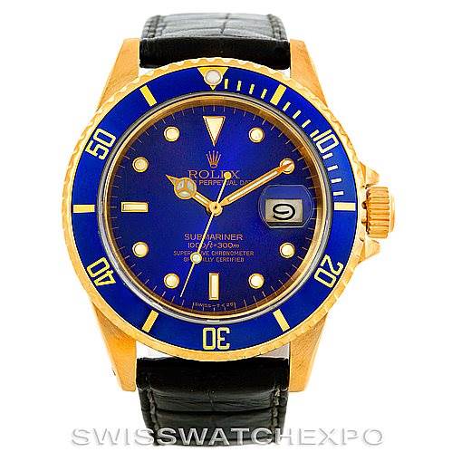 This image shows a front view of a Rolex Submariner 16808 Men's Yellow Gold Blue Dial 16808 Men's Yellow Gold Blue Dial with a blue dial and gold case, including the bezel and crown.