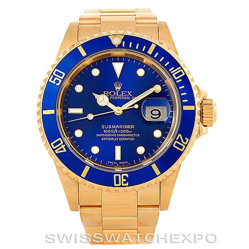 This image shows a front view of a Rolex Submariner 16618 Men's Yellow Gold Blue Dial 16618 Men's Yellow Gold Blue Dial watch, featuring a blue dial and bezel with a gold case and bracelet.