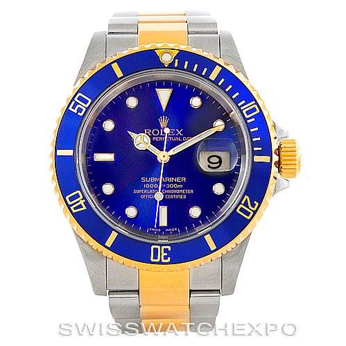 The image shows a frontal view of the Rolex Submariner 16613 Men's Steel and Gold (two tone) Blue Dial 16613 Men's Steel and Gold (two tone) Blue Dial watch, highlighting its blue dial, blue-and-gold bezel, and two-tone bracelet.