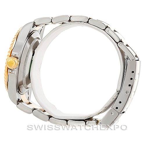 This image shows a side view of the Rolex Submariner 16613 Men's Steel and Gold (two tone) Blue Dial 16613 Men's Steel and Gold (two tone) Blue Dial watch, highlighting the bracelet, case, and crown.