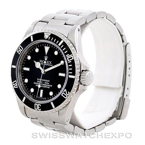 The image shows a side profile of a Rolex Submariner 14060 Men's Stainless Steel Black Dial 14060 Men's Stainless Steel Black Dial, featuring its bezel, dial, crown, and bracelet.