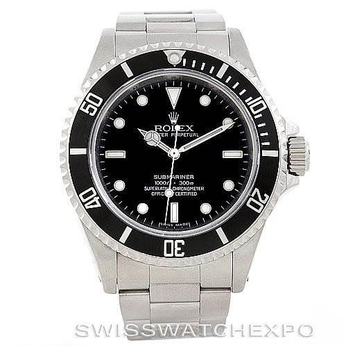 This image shows a Rolex Submariner 14060 Men's Stainless Steel Black Dial 14060 Men's Stainless Steel Black Dial watch from a front angle, highlighting the dial, bezel, crown, and bracelet.