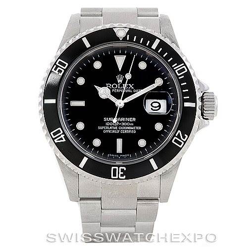 The image shows a front view of a Rolex Submariner 16610 Men's Stainless Steel Black Dial 16610 Men's Stainless Steel Black Dial watch, displaying its face, bezel, crown, and part of its bracelet.