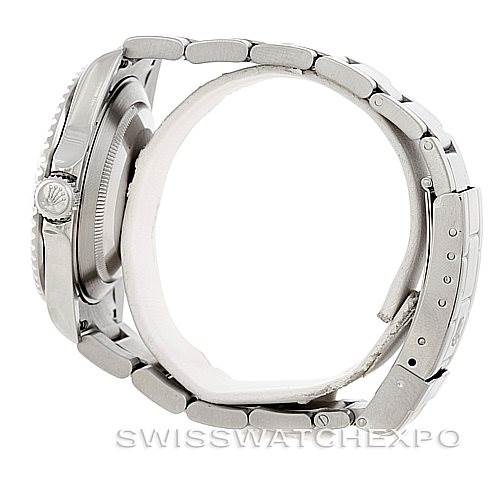 This image shows the side view of a Rolex Submariner 16610 Men's Stainless Steel Black Dial 16610 Men's Stainless Steel Black Dial watch, highlighting the crown, bezel, and stainless steel bracelet.