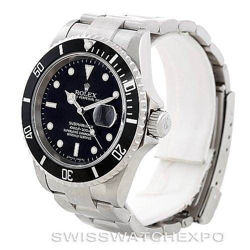 The image shows a side angle of the Rolex Submariner 16610 Men's Stainless Steel Black Dial 16610 Men's Stainless Steel Black Dial, focusing on the bezel, crown, and part of the bracelet.