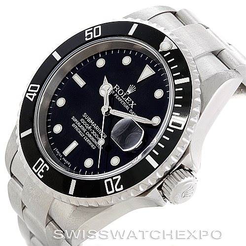 This image shows a Rolex Submariner 16610 Men's Stainless Steel Black Dial 16610 Men's Stainless Steel Black Dial watch at an angled view, highlighting the black dial, bezel, crown, and part of the bracelet.