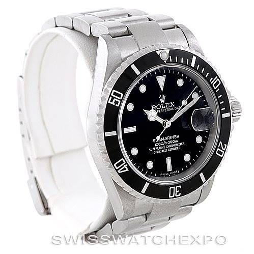 The image shows a Rolex Submariner 16610 Men's Stainless Steel Black Dial 16610 Men's Stainless Steel Black Dial watch at an angled side view, highlighting its bezel, dial, and bracelet.