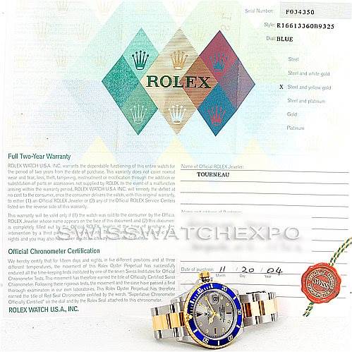 The image shows a Rolex Submariner 16613 Men's Steel and Gold (two tone) Grey Dial 16613 Men's Steel and Gold (two tone) Grey Dial watch with warranty papers, documentation, and a Rolex tag.
