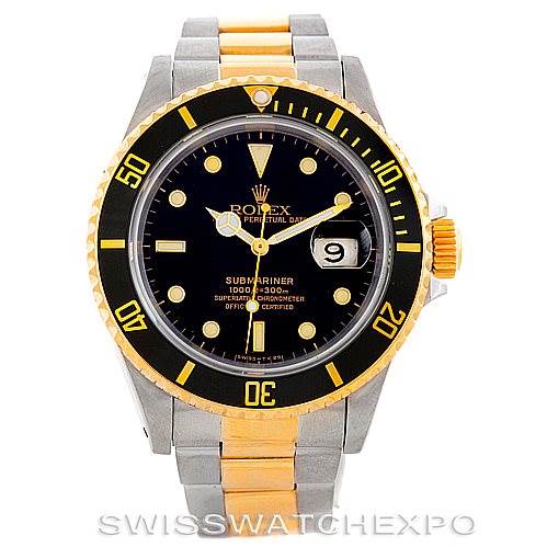 This image shows a Rolex Submariner 16613 Men
s Steel and Gold (two tone) Black Dial 16613 Men
s Steel and Gold (two tone) Black Dial watch from a front angle, displaying the dial, bezel, and part of the bracelet.