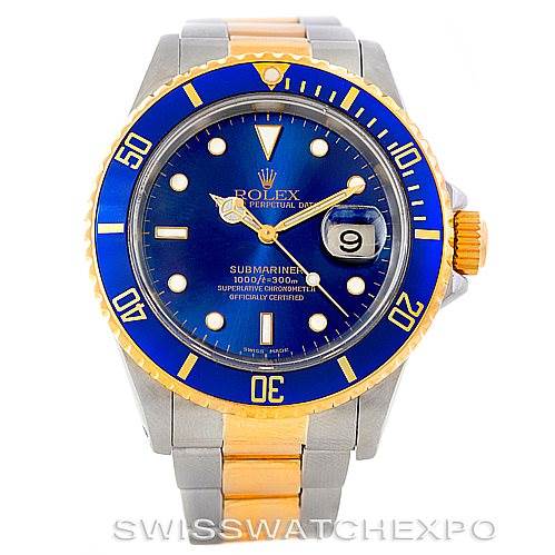 This image shows a frontal view of a Rolex Submariner 16613 Men's Steel and Gold (two tone) Blue Dial 16613 Men's Steel and Gold (two tone) Blue Dial watch, highlighting its blue dial, bezel, and two-tone bracelet.