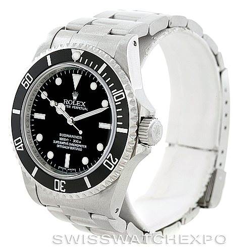 The image shows a side and front angle of a Rolex Submariner 14060 Men's Stainless Steel Black Dial 14060 Men's Stainless Steel Black Dial watch, highlighting its bezel, dial, and bracelet.