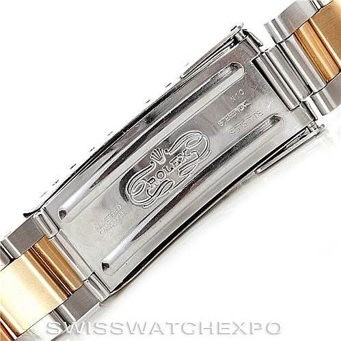 This image shows the underside of the clasp and part of the bracelet for the Rolex Submariner 16613 Men
s Steel and Gold (two tone) Blue Dial 16613 Men
s Steel and Gold (two tone) Blue Dial watch.
