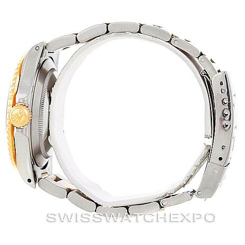 The image shows a side view of a Rolex Submariner 16613 Men
s Steel and Gold (two tone) Blue Dial 16613 Men
s Steel and Gold (two tone) Blue Dial watch, highlighting its bracelet and side profile.