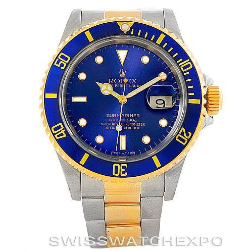 This image shows a front view of a Rolex Submariner 16613 Men
s Steel and Gold (two tone) Blue Dial 16613 Men
s Steel and Gold (two tone) Blue Dial watch displaying the face, bezel, crown, and bracelet.