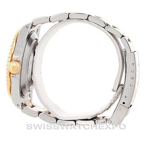 This image shows a side view of a Rolex Submariner 16613 Men's Steel and Gold (two tone) Grey Dial 16613 Men's Steel and Gold (two tone) Grey Dial watch, highlighting the bracelet, crown, and case.