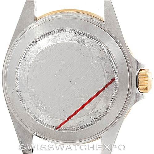 This image shows the case back and crown of a Rolex Submariner 16613 Men's Steel and Gold (two tone) Grey Dial 16613 Men's Steel and Gold (two tone) Grey Dial watch, viewed directly from the back.