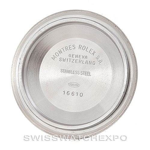 The image shows the caseback interior of a Rolex Submariner 16613 Men
s Steel and Gold (two tone) Blue Dial 16613 Men
s Steel and Gold (two tone) Blue Dial model 16610 watch.