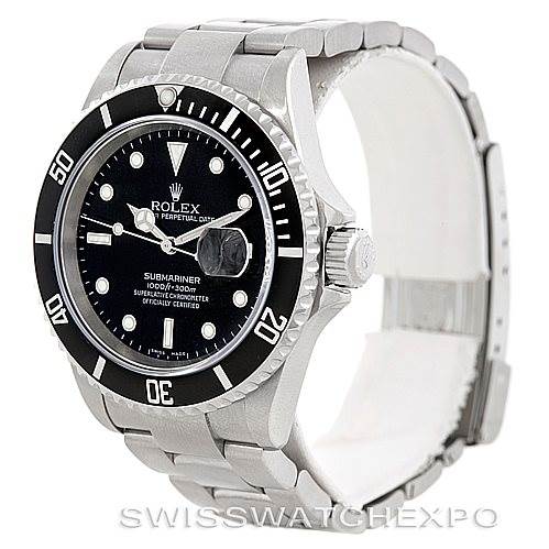 The image shows a Rolex Submariner 16610 Men's Stainless Steel Black Dial 16610 Men's Stainless Steel Black Dial watch from an oblique angle, highlighting the black dial, bezel, and stainless steel bracelet.