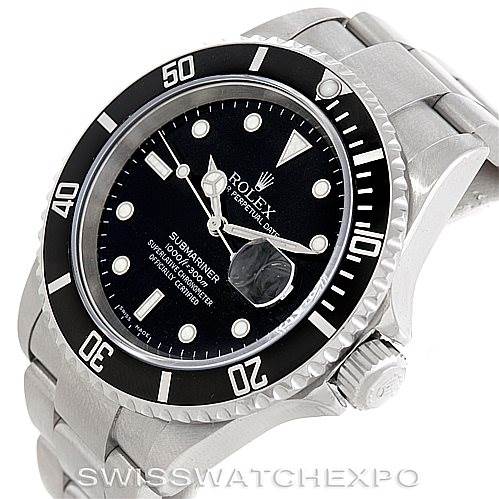 The image shows a Rolex Submariner 16610 Men's Stainless Steel Black Dial 16610 Men's Stainless Steel Black Dial watch at an angled view, highlighting the bezel, dial, crown, and part of the bracelet.