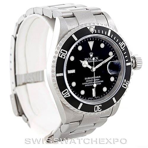 This image shows a Rolex Submariner 16610 Men's Stainless Steel Black Dial 16610 Men's Stainless Steel Black Dial watch from a slight angle, highlighting the black dial, bezel, bracelet, and crown.